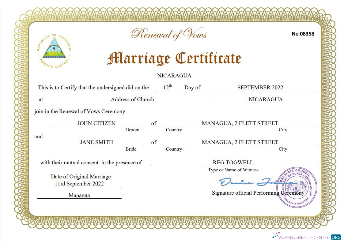 Download Nicaragua marriage certificate Word and PDF template Photoshop template
